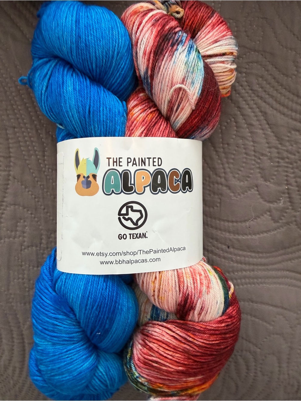 The painted alpaca  Hand-Dyed Yarn Duo in Bright Blue and Multicolor